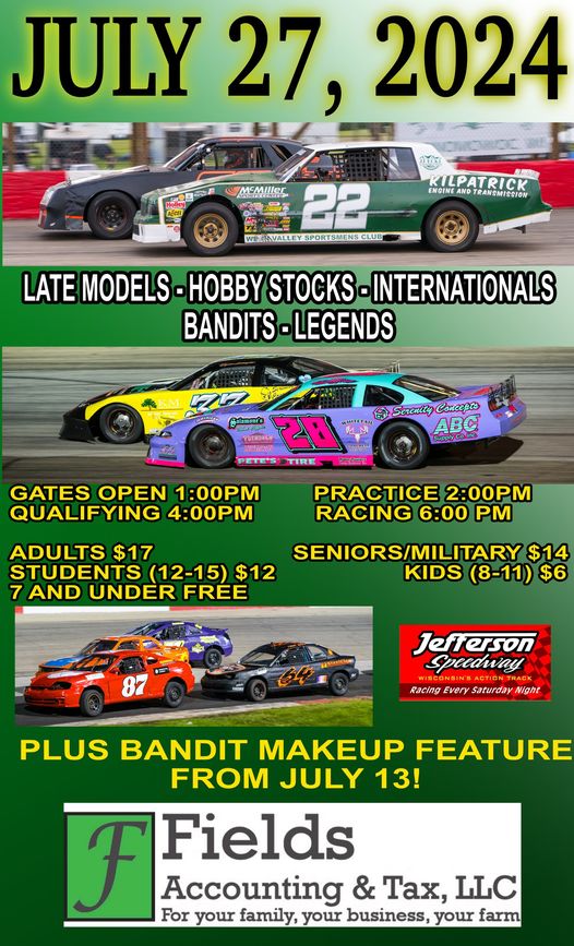 Jefferson Speedway Race Event – Presented By Fields Accounting & Tax LLC July 27th